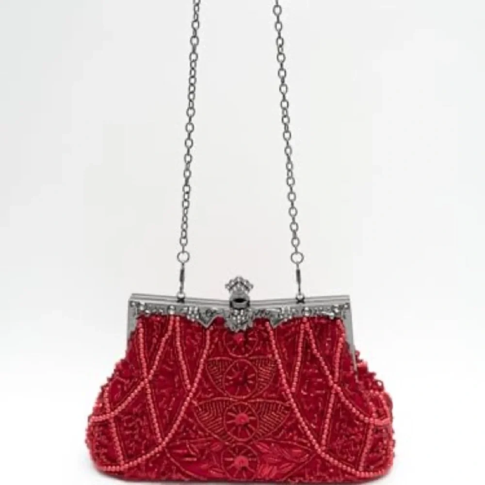 Red Beaded Evening Crossbody Bag with Silver Hardware - Picture 8 of 10